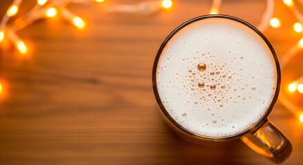 Mug with fresh beer and white foam. Banner flat lay template for advertising a bar, pub and menu with space for text and for logo or brand