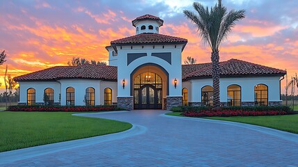 Elegant clubhouse entrance at sunset.