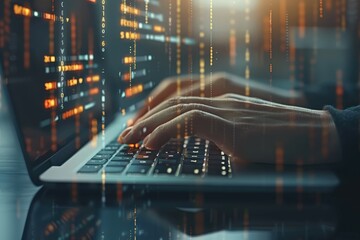 A close-up of hands typing on a laptop keyboard, overlaid with glowing, futuristic lines of code and data, representing programming, cybersecurity, or data analysis
