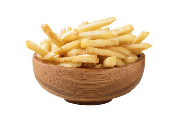 a wooden bowl filled with french fries