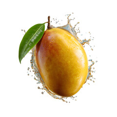Ripe mango with water splash isolated on transparent background