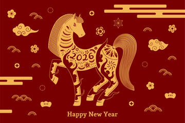 Fototapeta premium 2026 Chinese Lunar New Year horse paper cut silhouette, abstract elements, clouds, plum blossoms, typography, gold on red. Vector illustration. Flat design. Traditional holiday celebration elements