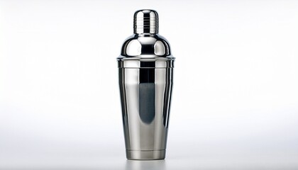 a silver cocktail shaker is sitting on a white background