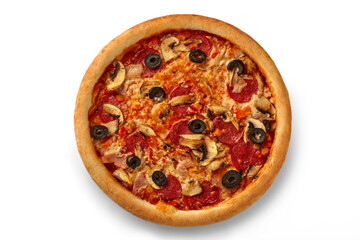 Delicious pizza with salami, mushrooms, and olives resting on white background