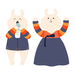 Cute rabbits in traditional Korean clothes hanbok eating mooncake, isolated on transparent. Hand drawn flat vector illustration. Cartoon character. Chuseok design element, clip art