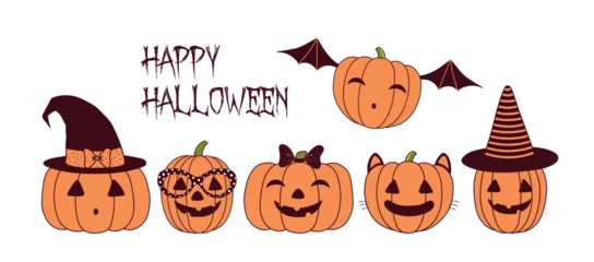 Fototapete Abbildungen Halloween pumpkin, jack o lantern with carved face, isolated on transparent. Hand drawn line vector illustration. Funny cartoon character. Holiday design elements collection, clip art set, banner  © Maria Skrigan