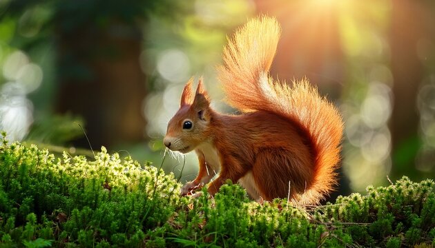 a red squirrel is busily foraging for food among the greenery in a forest the sunlight filters through the leaves creating a peaceful and vibrant atmosphere