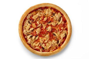 Delicious pizza with chicken, mushrooms, and melted cheese on white background