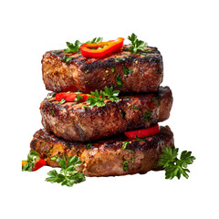Three stacked grilled beef steaks with herbs and chili isolated on transparent background