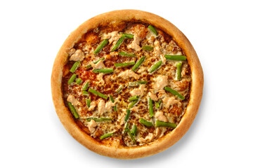 Delicious pizza with chicken, green beans, and melted cheese on white background