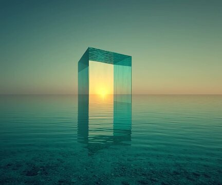A surreal glass monolith rotates in calm turquoise water, reflecting a golden sunset on the horizon. The scene blends minimalism, mystery, and futuristic beauty in a serene seascape.