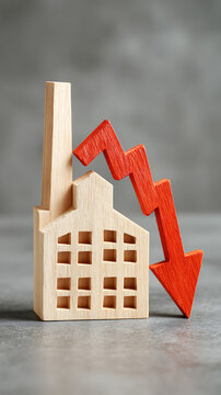 Wooden factory building with red downward trending arrow image
