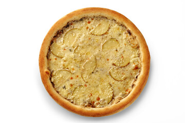 Delicious potato pizza with white sauce and cheese on white background