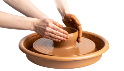 Close-up of hands shaping clay on a pottery wheel isolated on transparent background. Png