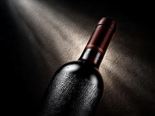 Dark red wine bottle with condensation in dramatic spotlight