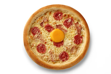 Delicious pizza with egg, bacon and salami on white background