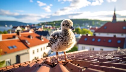Tiny bird chick on a rooftop, overlooking town