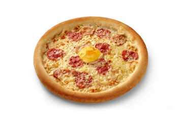 Carbonara pizza with egg, bacon and salami on white background