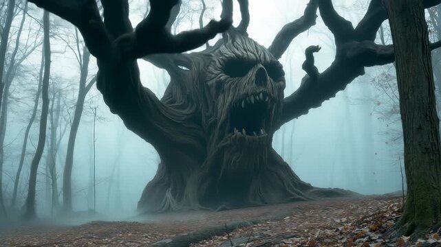 Supernatural wooden monster with skull-like face and branch-like limbs rising from foggy forest floor. Menacing creature with twisted root-like body positioned among bare trees