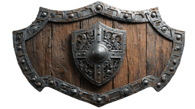 Ornate Wooden Shield with Metal Accents Medieval Defense Equipment Protection Armor Isolated