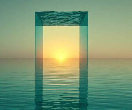 A surreal glass monolith rotates in calm turquoise water, reflecting a golden sunset on the horizon. The scene blends minimalism, mystery, and futuristic beauty in a serene seascape.