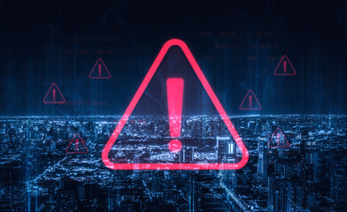 Cybersecurity alert warning showing red cyber for data breach, network threat, and cyber security...