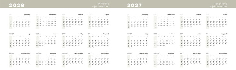 Set Hijri islamic 1447-1448, 1448-1449 and Gregorian calendar for 2026, 2027 year. Vector Annual Calendar template with week start Sunday in English.