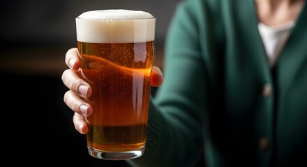 Female hand in green holds a glass of fresh light beer and extends it to the camera. Banner template for St. Patrick's Day, beer parties, Oktoberfest and beer factory advertising with space for text