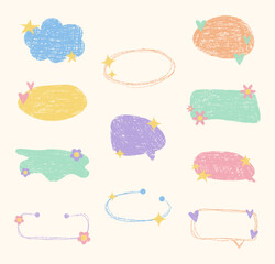 Crayon Speech Bubble Frames. Vector Chalk Talk Balloon. Text Box Doodle Set. Colorful Dialog Chat Illustrations.
