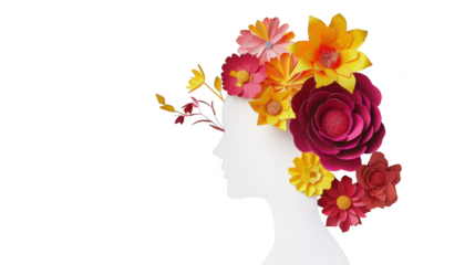 Silhouette of a woman s profile adorned with a vibrant crown of colorful paper flowers isolated on transparent background
