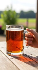 Hand holding a full mug of dark beer. Vertical template for St. Patrick's Day, beer parties, Oktoberfest and beer factory advertising with space for text
