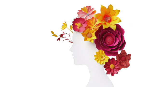 Silhouette of a woman s profile adorned with a vibrant crown of colorful paper flowers isolated on transparent background