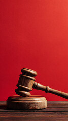 Wooden gavel resting on sounding block against vibrant red background justice