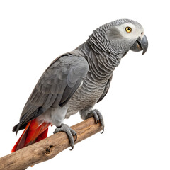 Fototapeta premium A gray African Grey parrot perched on a wooden branch. The parrot has a distinctive gray plumage with a bright red tail. Its eyes are bright and alert.