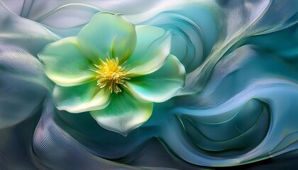 green flower abstract an artistic rendering of a vibrant green flower with delicate yellow accents set against a backdrop of flowing translucent grey and blue waves this image evokes serenity