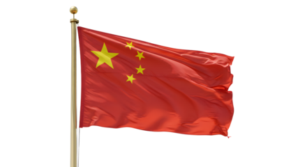 A vibrant Chinese flag waving proudly against a clear blue sky, symbolizing national pride and unity