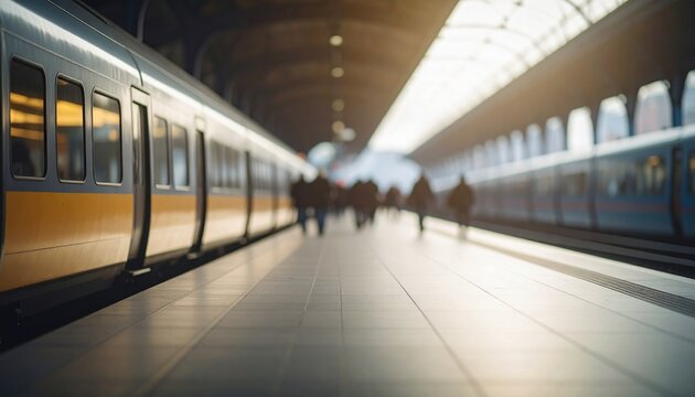 Train platform with passengers blurring in background. Morning light.