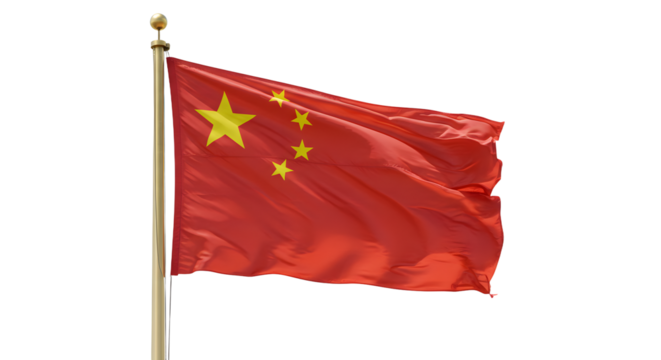 A vibrant Chinese flag waving proudly against a clear blue sky, symbolizing national pride and unity