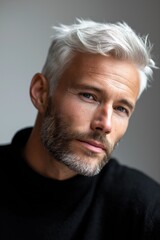 Obraz premium Mature caucasian male with gray hair and beard in black sweater