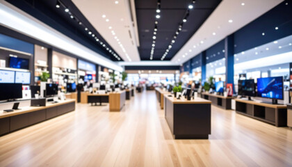 Blurred  modern electronics retail store with minimalist design aesthetic.