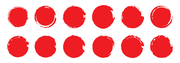 Set of red grunge circles. Stamp with jagged edges. Japanese sun isolated on white background.