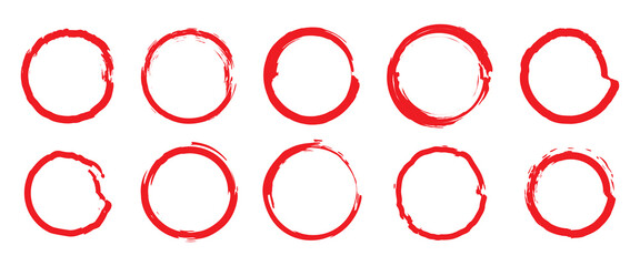 Grunge circles brush set. red circle frames. Round line of red paint. Grunge round shapes. Circular ink brush stroke fro design elements. Vector illustration.