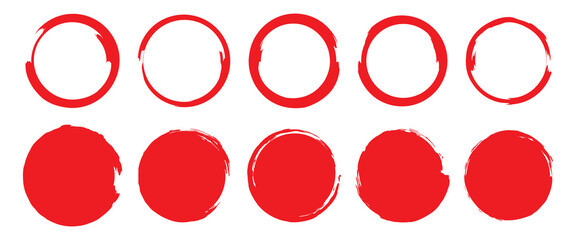 Grunge circles brush set. red circle frames. Round line of red paint. Grunge round shapes. Circular ink brush stroke fro design elements. Vector illustration.