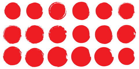 Grunge circles brush set. red circle frames. Round line of red paint. Grunge round shapes. Circular ink brush stroke fro design elements. Vector illustration.