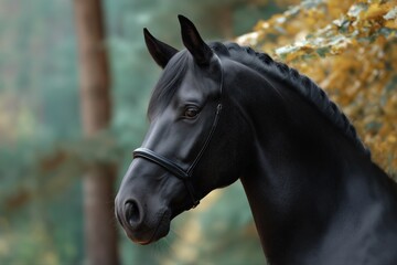 Obraz premium Majestic black horse in autumn forest scene