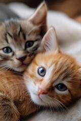Adorable tabby and ginger kittens cuddling together on a soft blanket