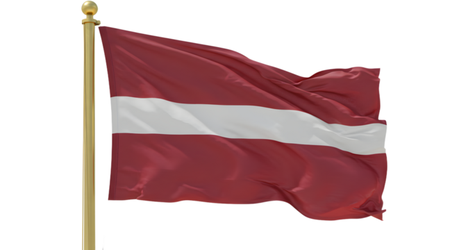 A vibrant depiction of the Latvian flag waving proudly against a clear blue sky, symbolizing national pride and unity