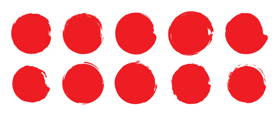 Brush red stroke circle japan sun frame. Hand drawn rough scribble texture effect red circle. Brush circles. grunge circles.