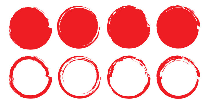 Brush red stroke circle japan sun frame. Hand drawn rough scribble texture effect red circle. Brush circles. grunge circles.