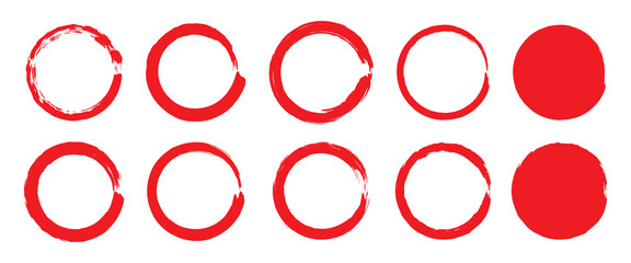 Red grunge circles shapes, grunge round shapes. Paint brush stamp collection. Vector red brush circle. Red grunge circle stamp. Vector illustration. EPS 10